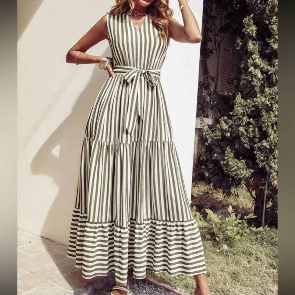 Boho Green White Striped Sleeveless Belted Maxi Dress - Picture 2 of 11